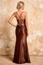 Lillian Brown Satin Sheath V-neck Maxi Dress