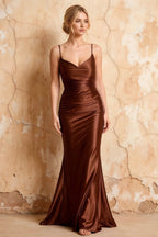 Lillian Brown Satin Sheath V-neck Maxi Dress