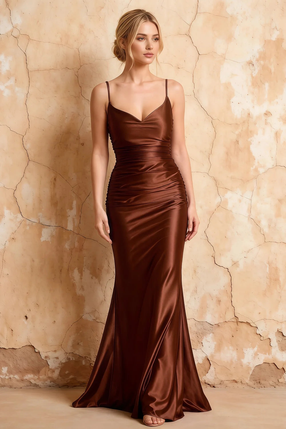 Lillian Brown Satin Sheath V-neck Maxi Dress
