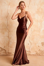 Lillian Brown Satin Sheath V-neck Maxi Dress