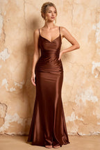 Lillian Brown Satin Sheath V-neck Maxi Dress