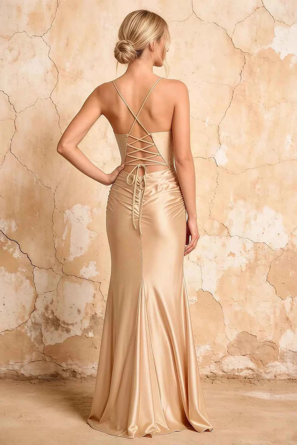 Lillian Champagne Satin Sheath V-neck Maxi Dress Secondary image