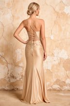 Lillian Champagne Satin Sheath V-neck Maxi Dress