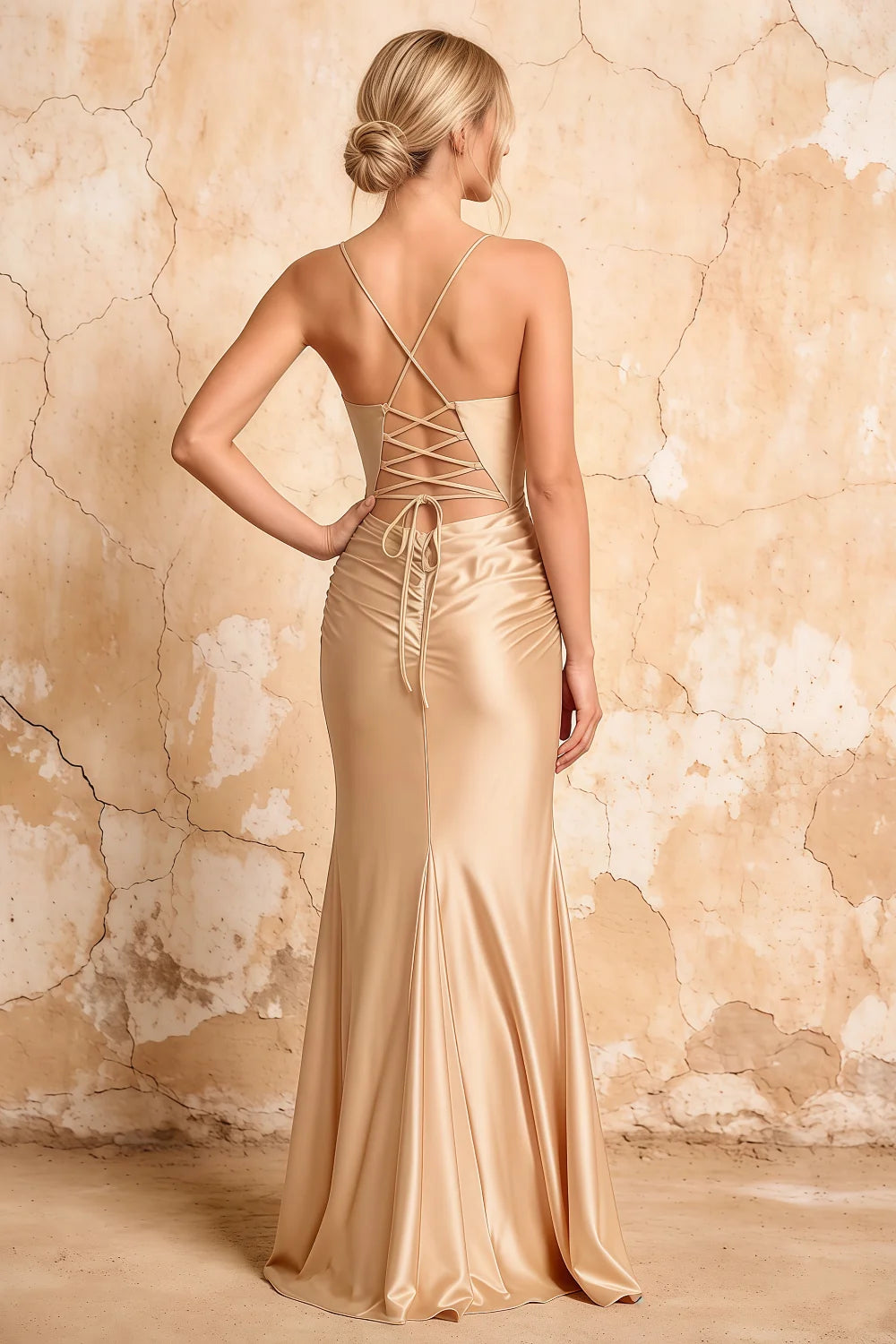 Lillian Champagne Satin Sheath V-neck Maxi Dress