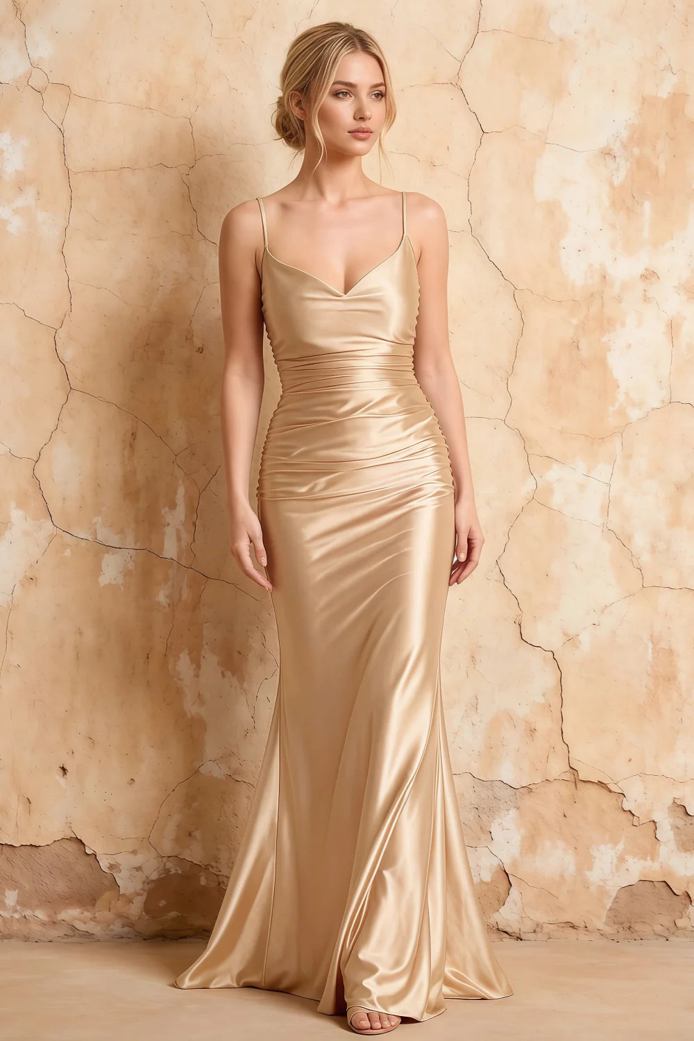 Lillian Champagne Satin Sheath V-neck Maxi Dress