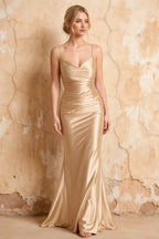 Lillian Champagne Satin Sheath V-neck Maxi Dress