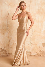 Lillian Champagne Satin Sheath V-neck Maxi Dress