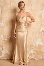 Lillian Champagne Satin Sheath V-neck Maxi Dress
