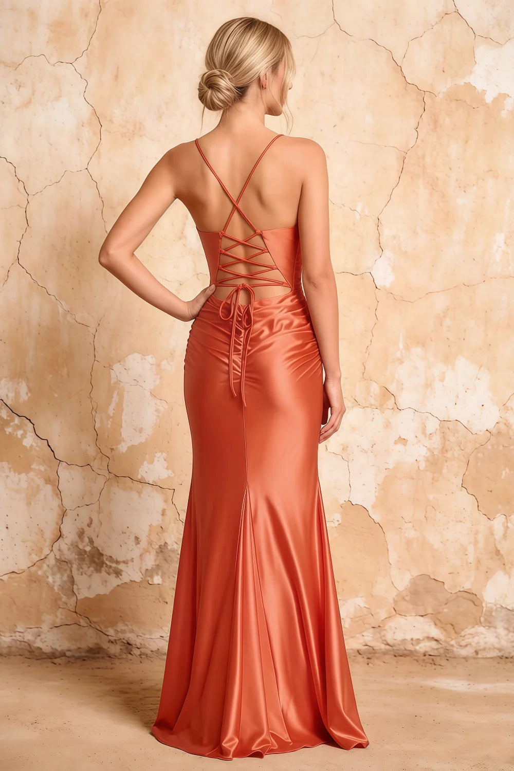 Lillian Coral Satin Sheath V-neck Maxi Dress