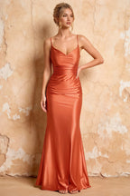 Lillian Coral Satin Sheath V-neck Maxi Dress