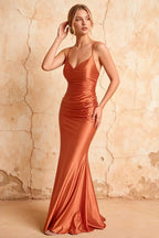 Lillian Coral Satin Sheath V-neck Maxi Dress