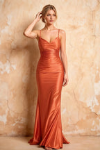 Lillian Coral Satin Sheath V-neck Maxi Dress