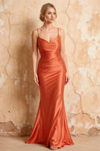 Lillian Coral Satin Sheath V-neck Maxi Dress