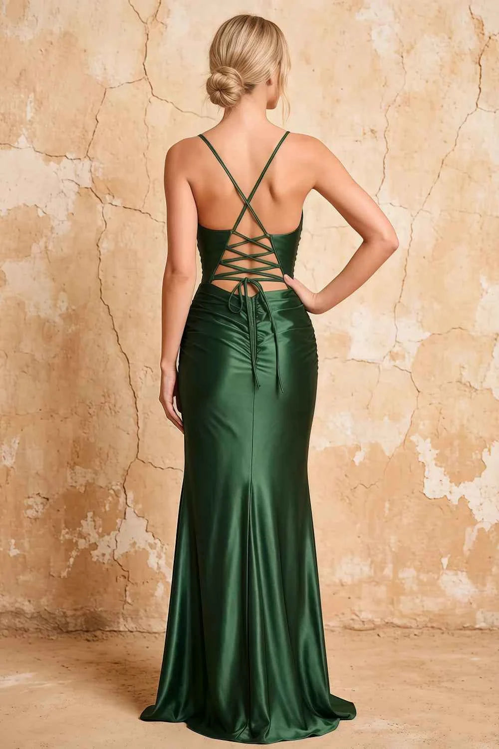 Lillian Dark Green Satin Sheath V-neck Maxi Dress Secondary image