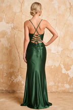 Lillian Dark Green Satin Sheath V-neck Maxi Dress