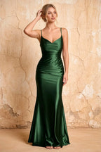 Lillian Dark Green Satin Sheath V-neck Maxi Dress