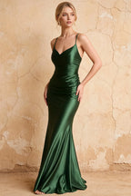 Lillian Dark Green Satin Sheath V-neck Maxi Dress