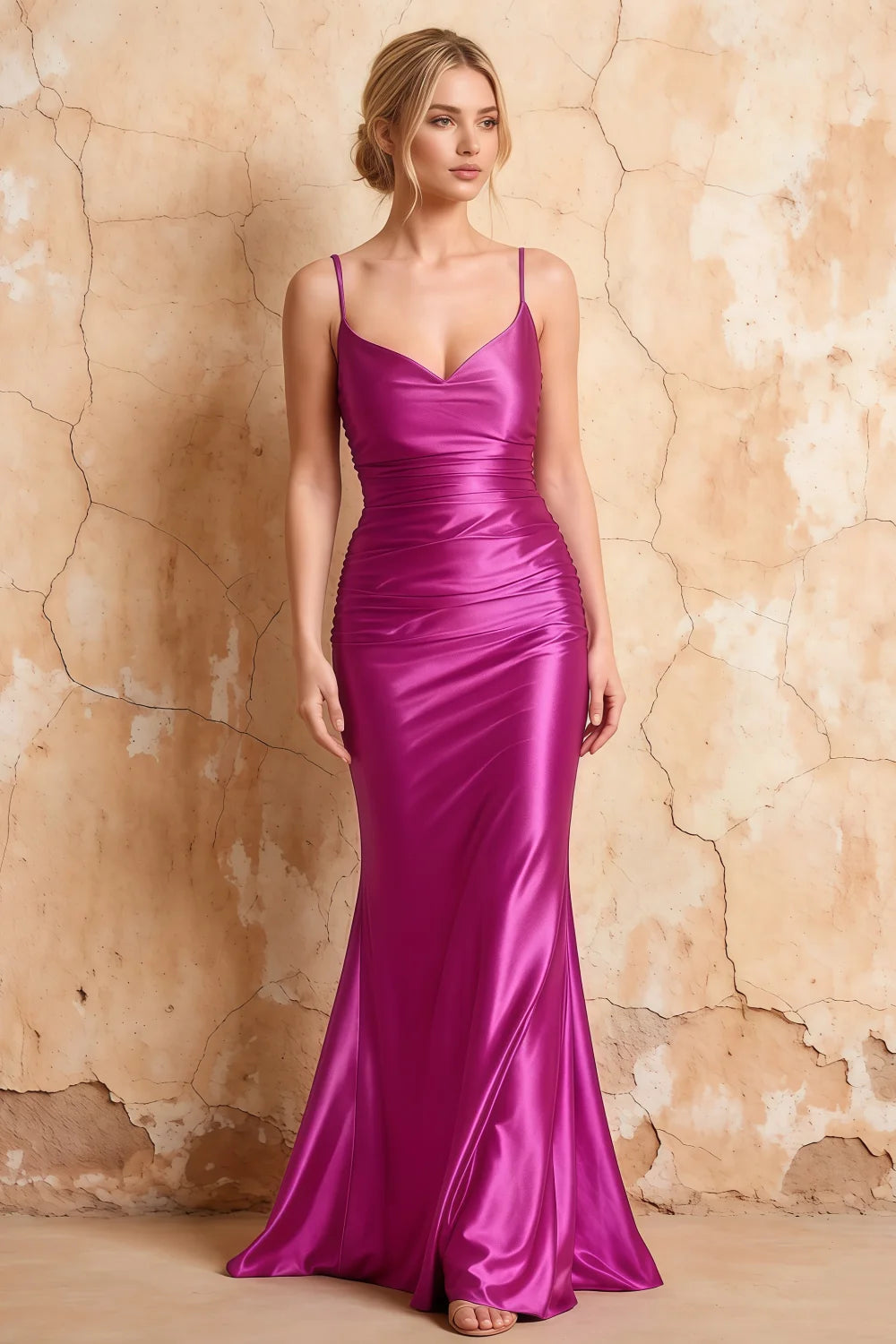 Lillian Fuchsia Satin Sheath V-neck Maxi Dress