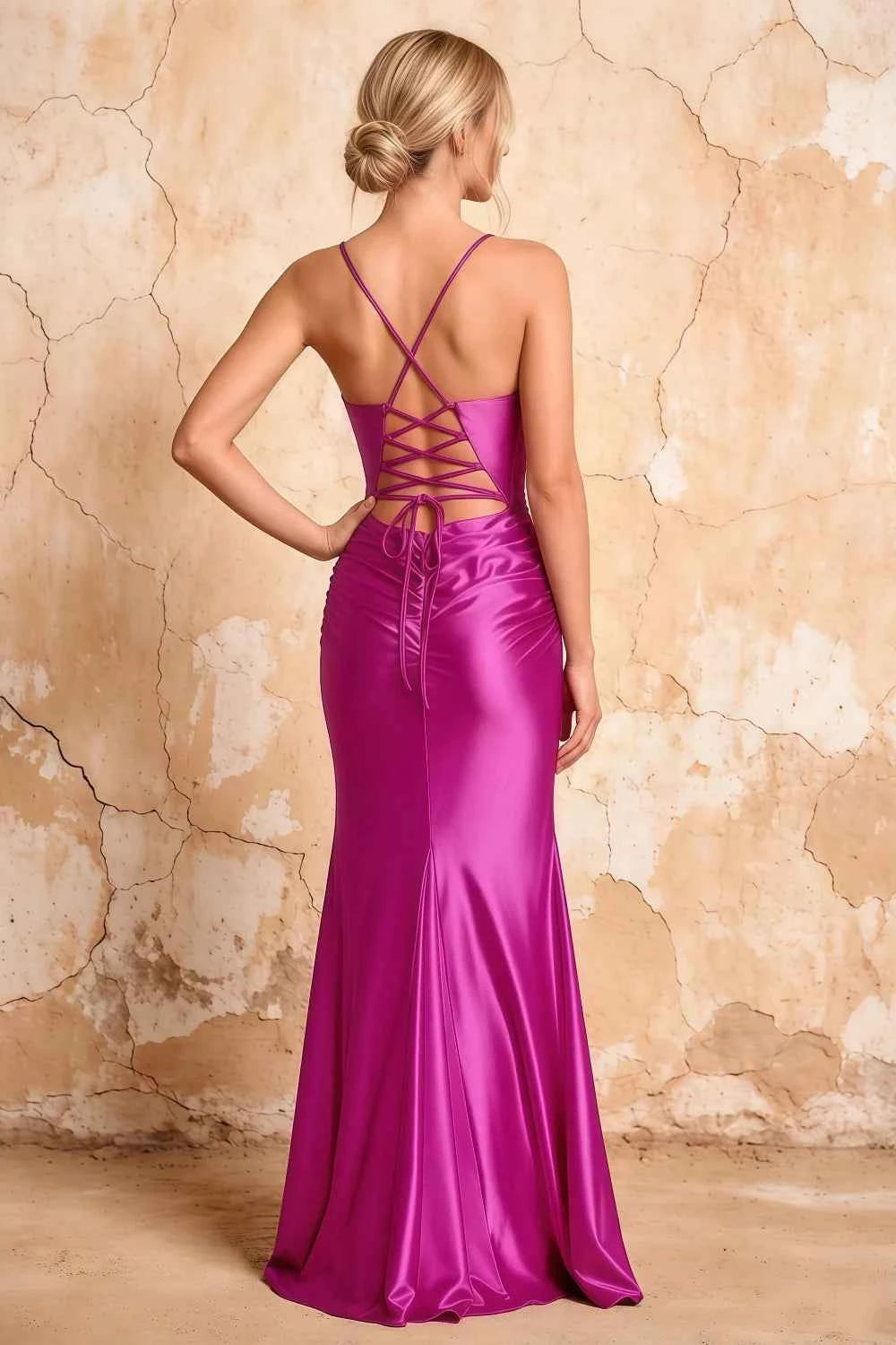 Lillian Fuchsia Satin Sheath V-neck Maxi Dress Secondary image