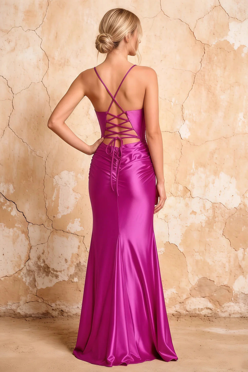 Lillian Fuchsia Satin Sheath V-neck Maxi Dress