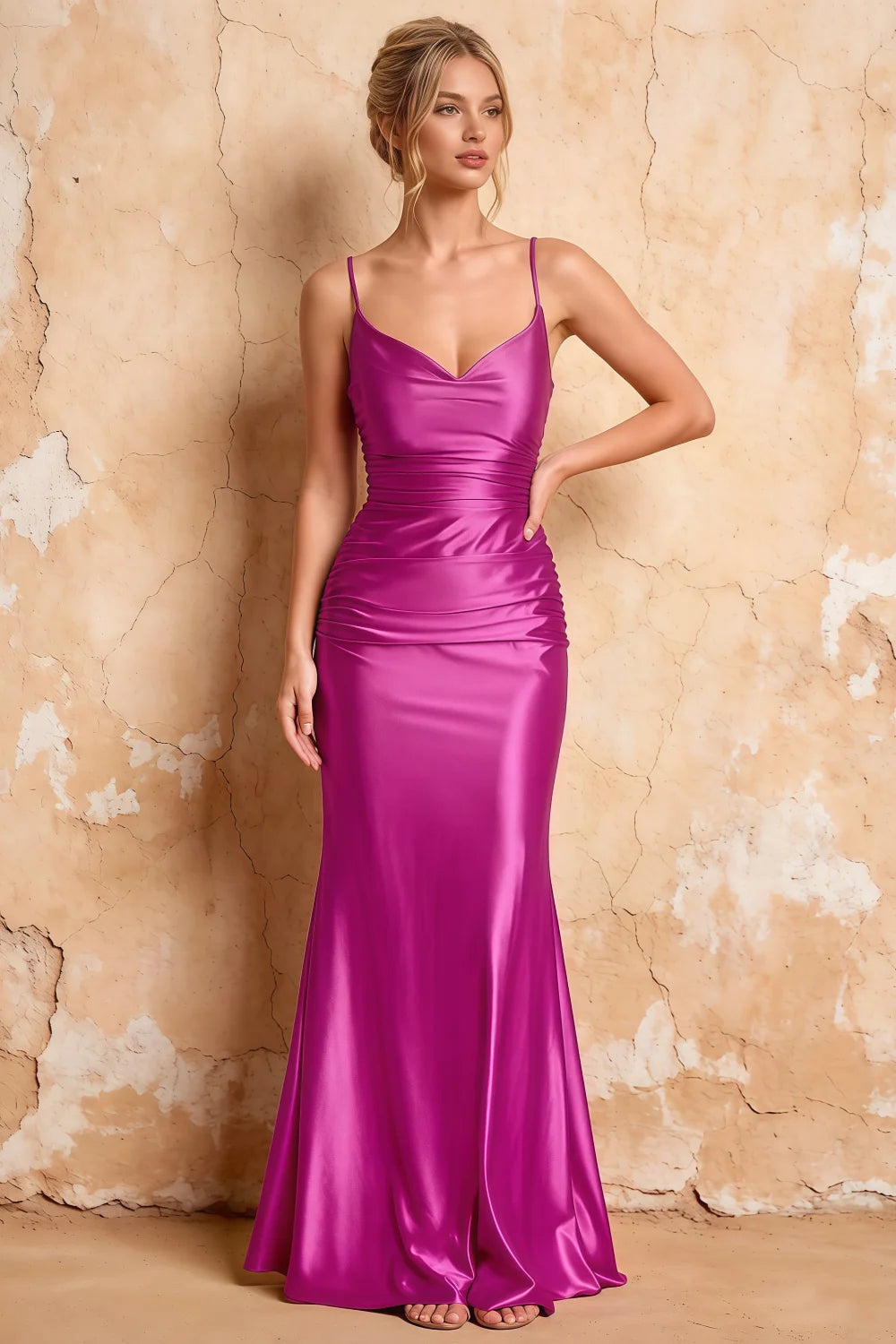 Lillian Fuchsia Satin Sheath V-neck Maxi Dress