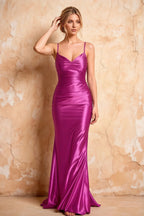 Lillian Fuchsia Satin Sheath V-neck Maxi Dress