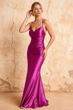 Lillian Fuchsia Satin Sheath V-neck Maxi Dress