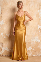 Lillian Gold Satin Sheath V-neck Maxi Dress