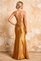 Lillian Gold Satin Sheath V-neck Maxi Dress
