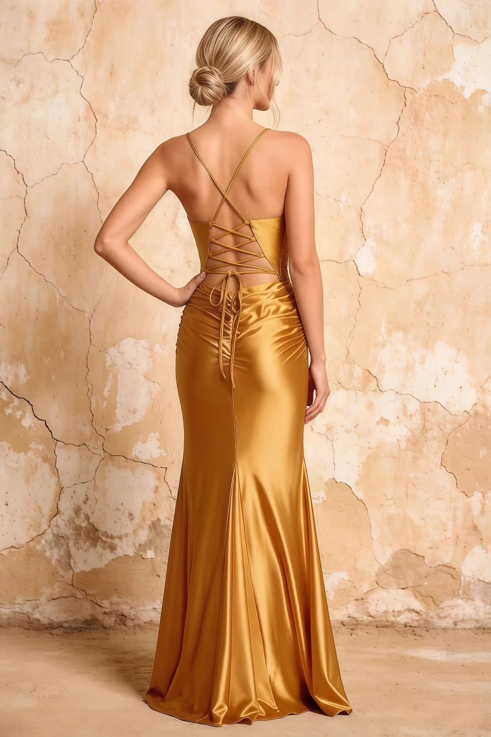 Lillian Gold Satin Sheath V-neck Maxi Dress