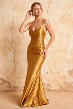 Lillian Gold Satin Sheath V-neck Maxi Dress