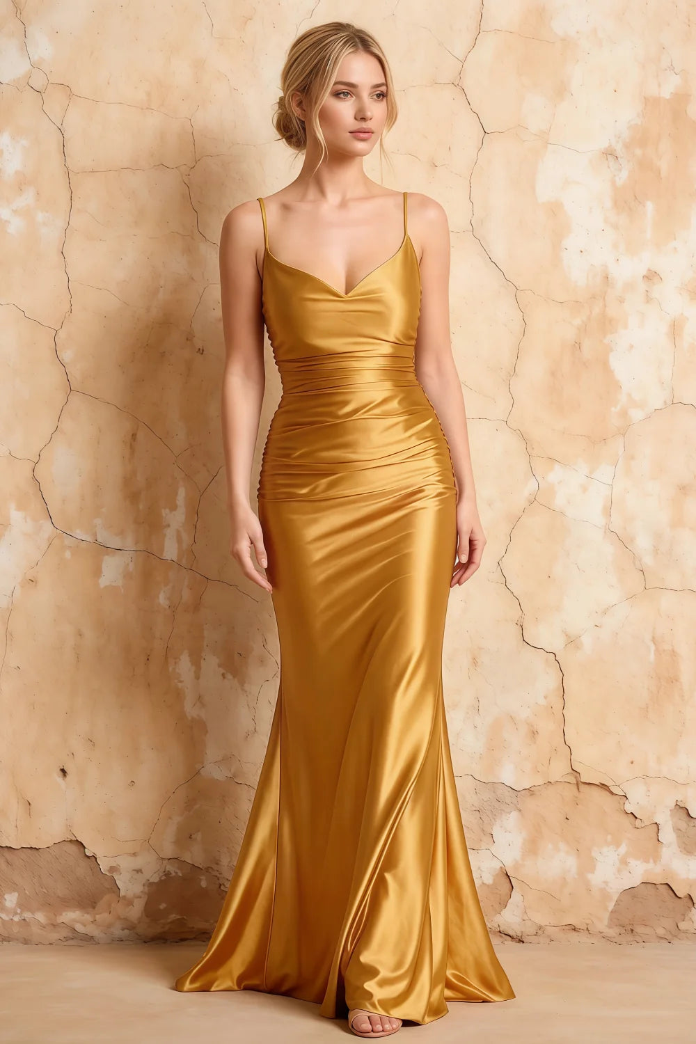 Lillian Gold Satin Sheath V-neck Maxi Dress