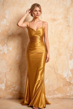 Lillian Gold Satin Sheath V-neck Maxi Dress