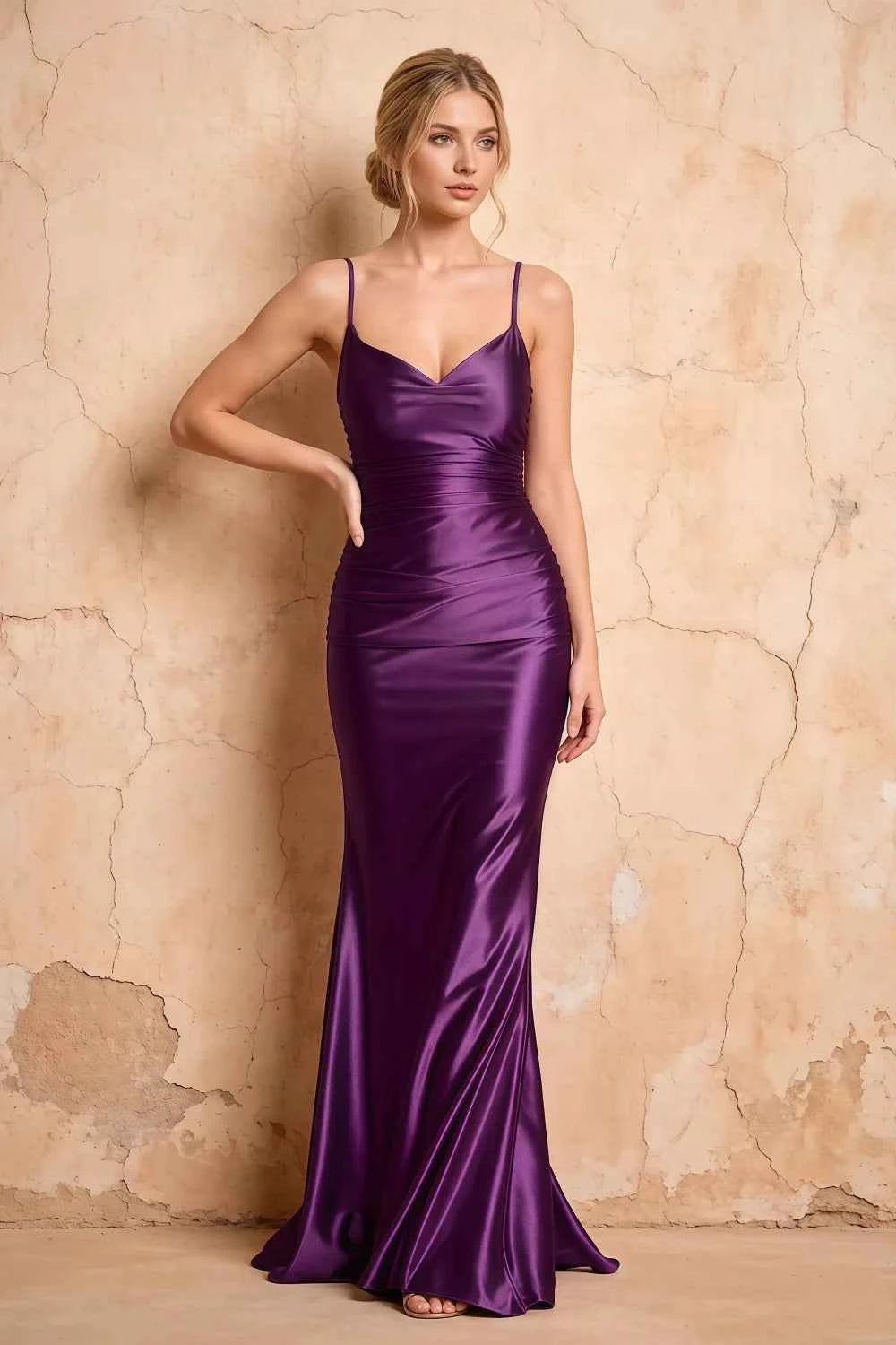 Lillian Grape Satin Sheath V-neck Maxi Dress Main image