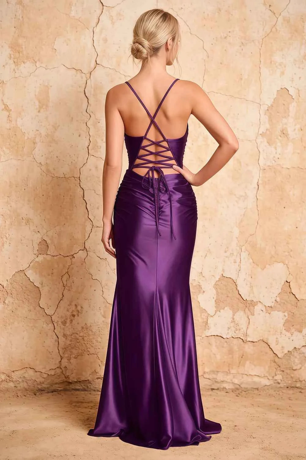 Lillian Grape Satin Sheath V-neck Maxi Dress