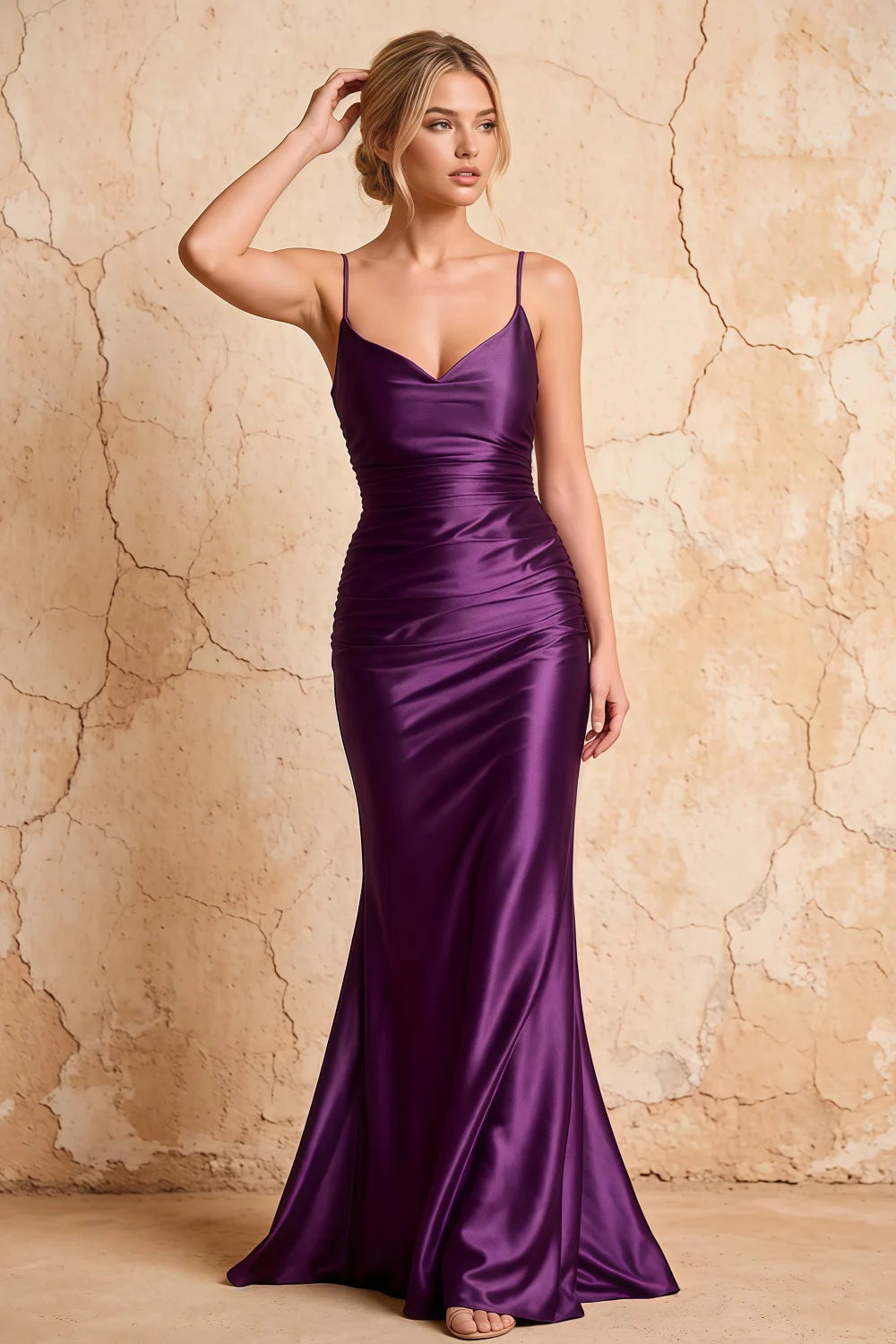 Lillian Grape Satin Sheath V-neck Maxi Dress