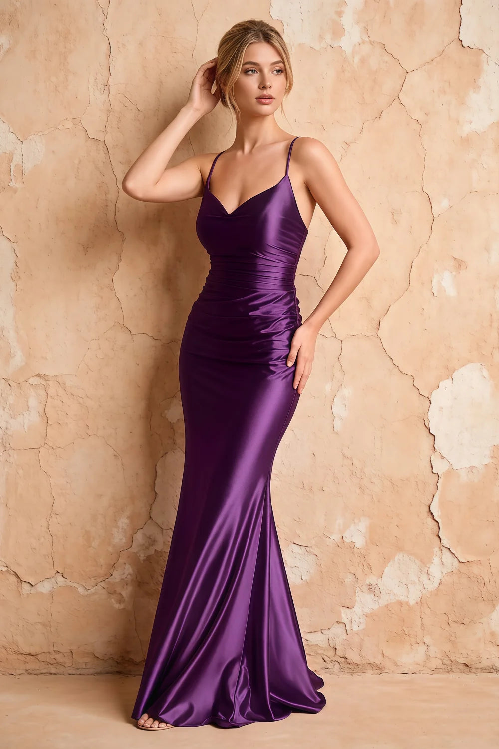 Lillian Grape Satin Sheath V-neck Maxi Dress