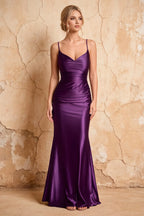 Lillian Grape Satin Sheath V-neck Maxi Dress