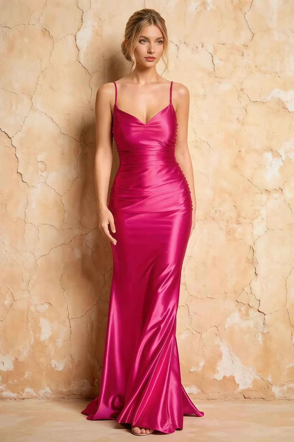 Lillian Hot Pink Satin Sheath V-neck Maxi Dress Main image