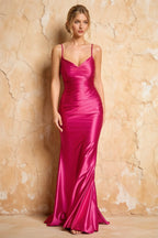 Lillian Hot Pink Satin Sheath V-neck Maxi Dress