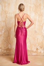 Lillian Hot Pink Satin Sheath V-neck Maxi Dress