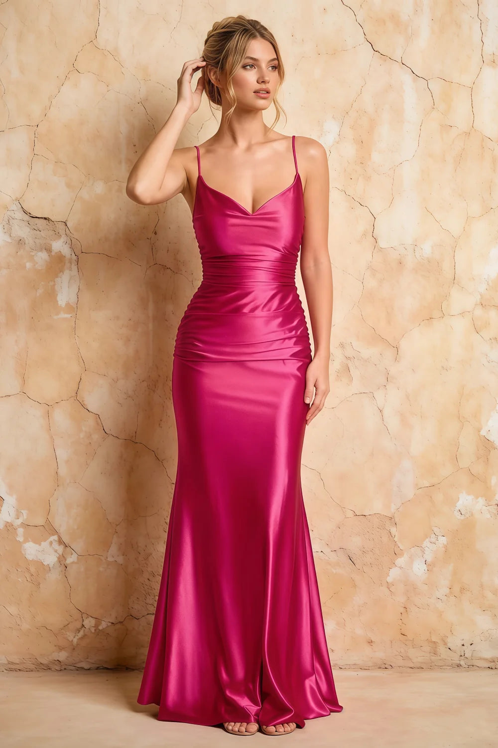 Lillian Hot Pink Satin Sheath V-neck Maxi Dress