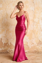 Lillian Hot Pink Satin Sheath V-neck Maxi Dress