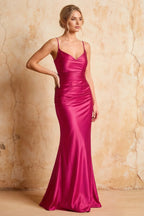 Lillian Hot Pink Satin Sheath V-neck Maxi Dress