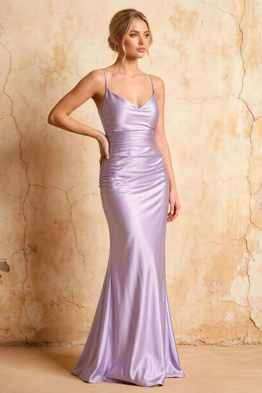 Lillian Lavender Satin Sheath V-neck Maxi Dress Main image