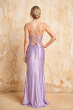 Lillian Lavender Satin Sheath V-neck Maxi Dress