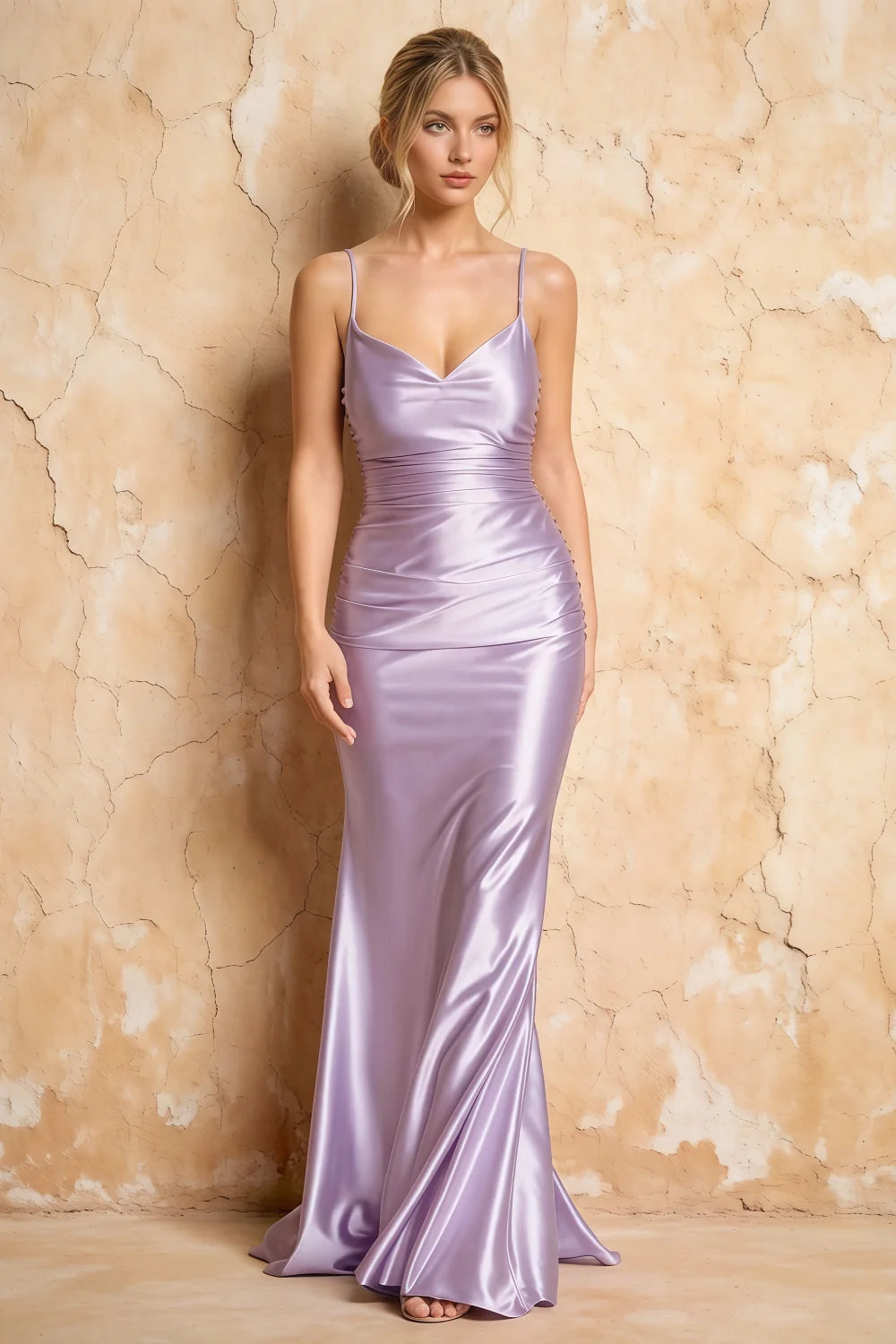 Lillian Lavender Satin Sheath V-neck Maxi Dress