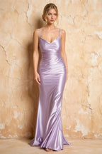 Lillian Lavender Satin Sheath V-neck Maxi Dress