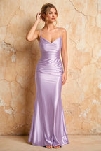 Lillian Lavender Satin Sheath V-neck Maxi Dress