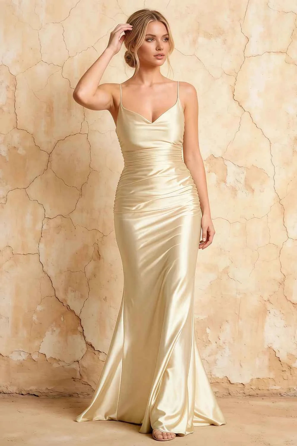 Lillian Light Yellow Satin Sheath V-neck Maxi Dress Main image